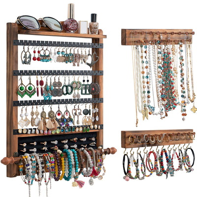 QILICHZ 3Pcs Jewelry Organizers and Storage,Wood Hanging Jewelry Organizer,Rustic Wall Jewellery Organizer,Wall Mounted Earring Holder Organizers for Storage Display Gift (Brown+Black)