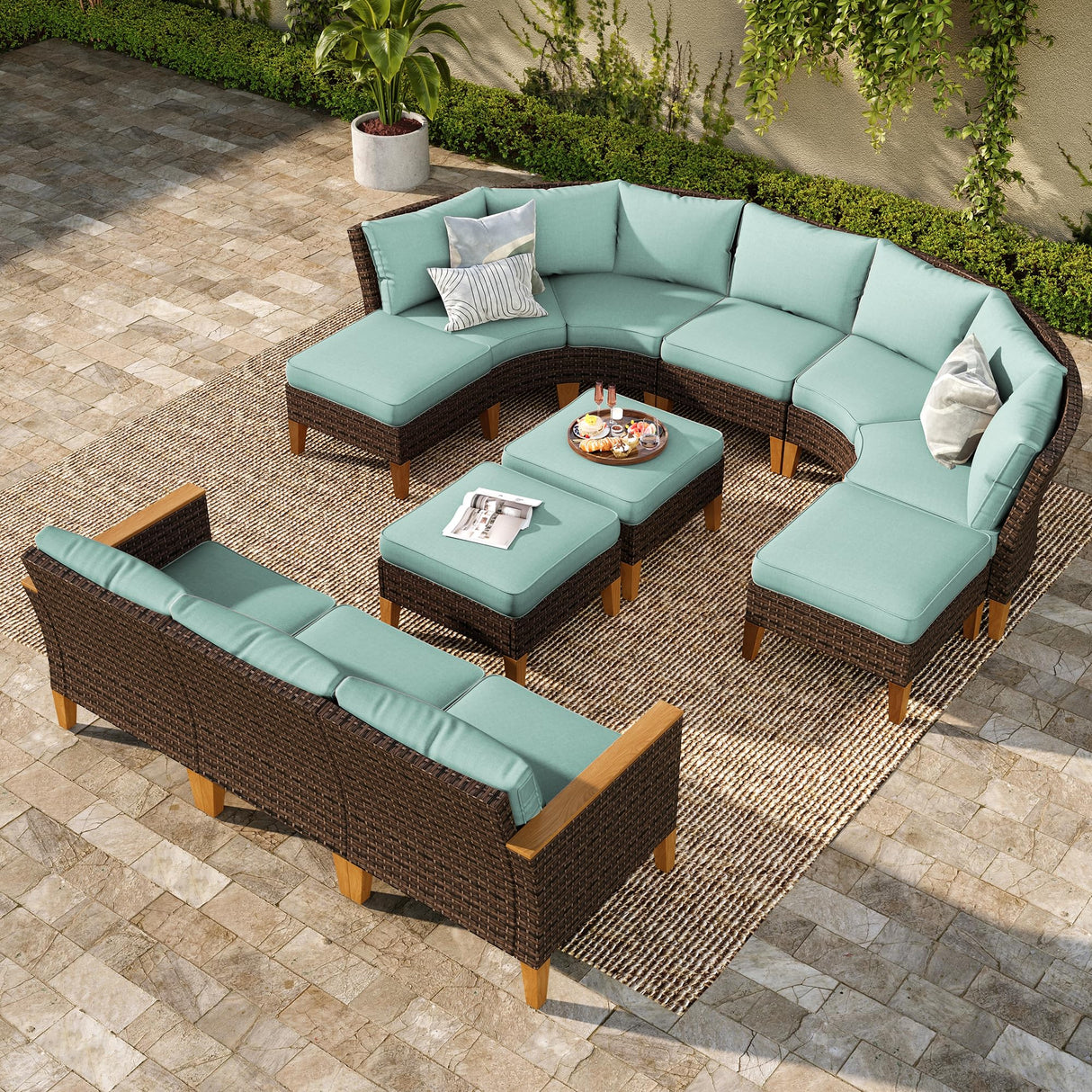 PHI VILLA 10-Piece Wicker Patio Furniture Set, Outdoor Half-Moon Curved Sectional Sofa with 4 Ottomans, 2 One Armrest Seats, 1 Armless Sofa, Large Conversation Seating for Garden or Backyard,Aqua Blue PHI VILLA