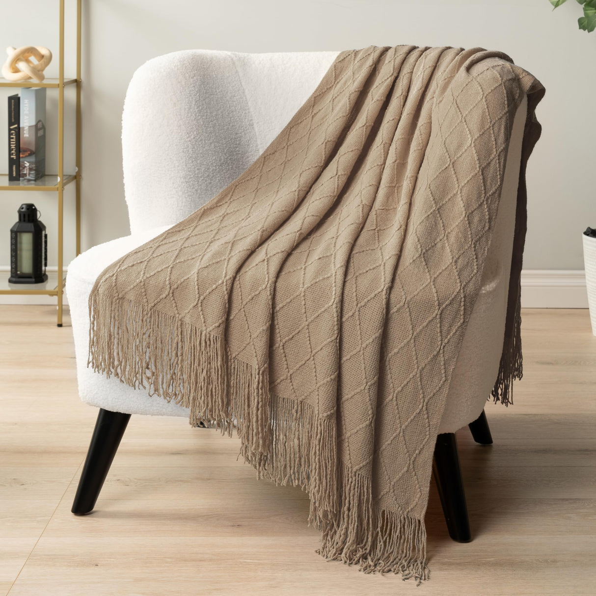 PAVILIA Tan Taupe Knit Throw Blanket for Couch Bed, Soft Knitted Farmhouse Sofa Throw for Living Room, Lightweight Decorative Fall Throw Blanket for Chair, Outdoor Textured Boho Blanket, 50x60 PAVILIA