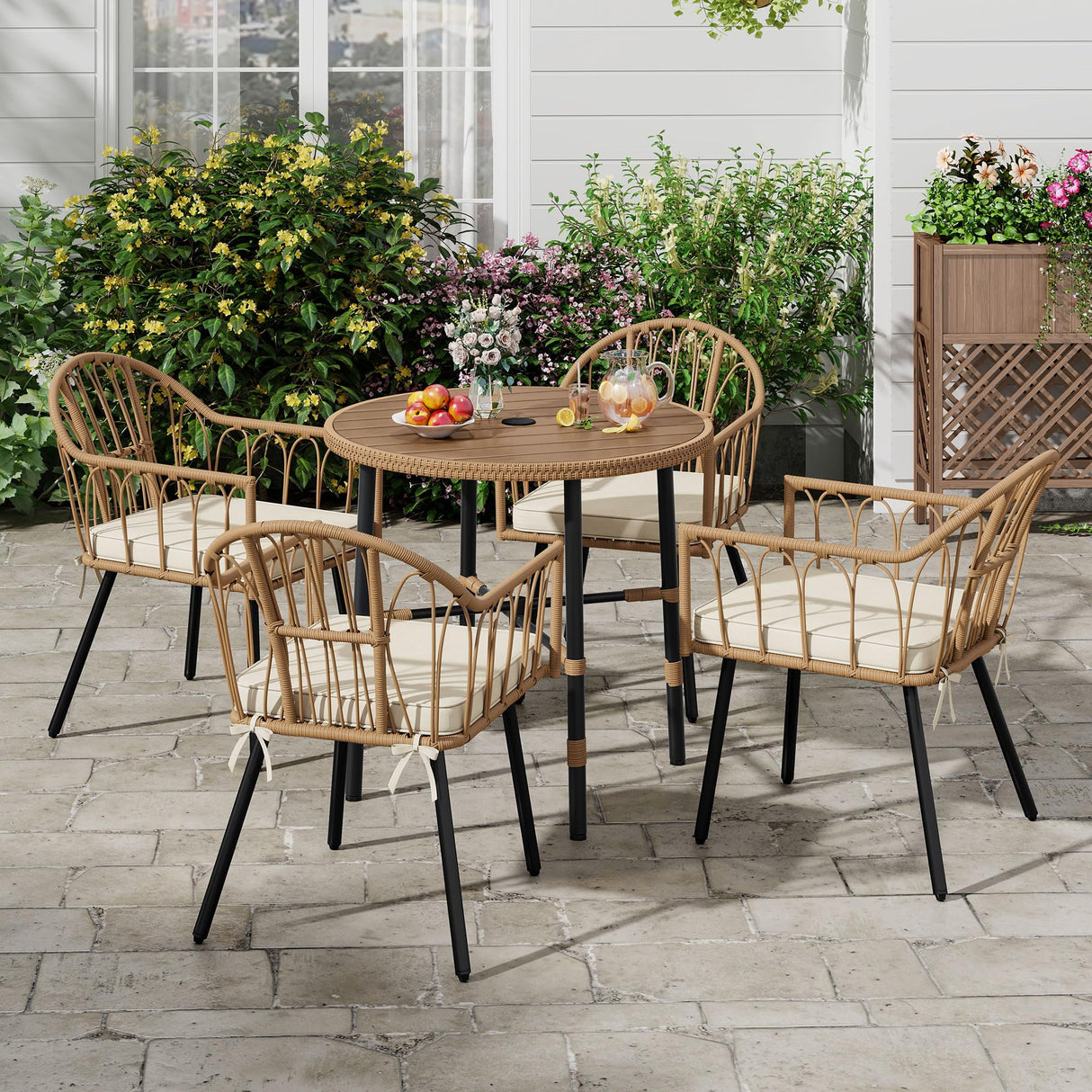 DWVO 5 Piece Patio Dining Sets, Outdoor Dining Furniture Set with 2" Umbrella Hole, Wicker Rattan Round Table and Chairs Set with Comfortable Cushions for Patio, Balcony, Backyard, Beige DWVO