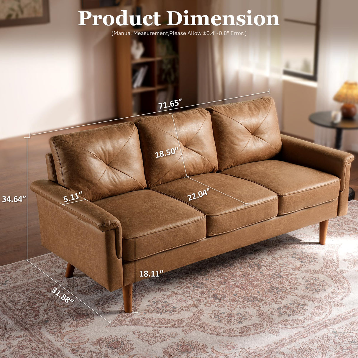 ALTRIGUS Faux Leather Mid-Century Modern Sofa for Living Room,3 Seater Couch with Comfy Cushions,71" Upholstered Sofas with Deep Seat (Brown) ALTRIGUS