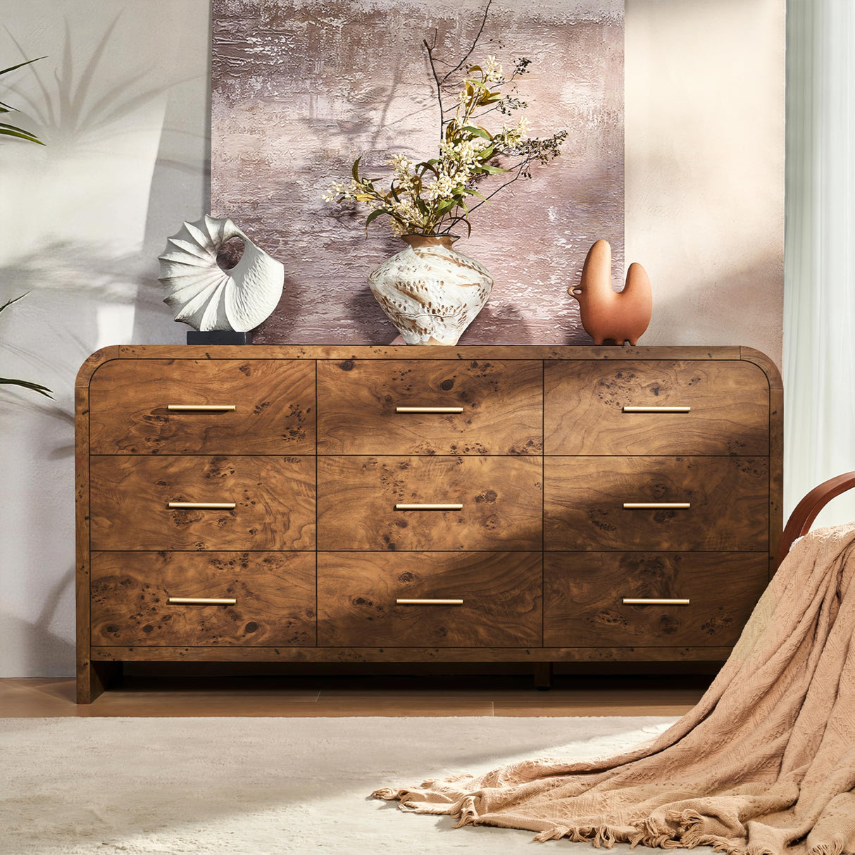 EliteSet Curved 9-Drawer Dresser for Bedroom, 63" Wide Modern Chest of Drawers, Vanity Desk TV Stand for Living Room, Closet Storage Drawers Organizer Furniture, Nursery, Hallway, Dark Burl EliteSet