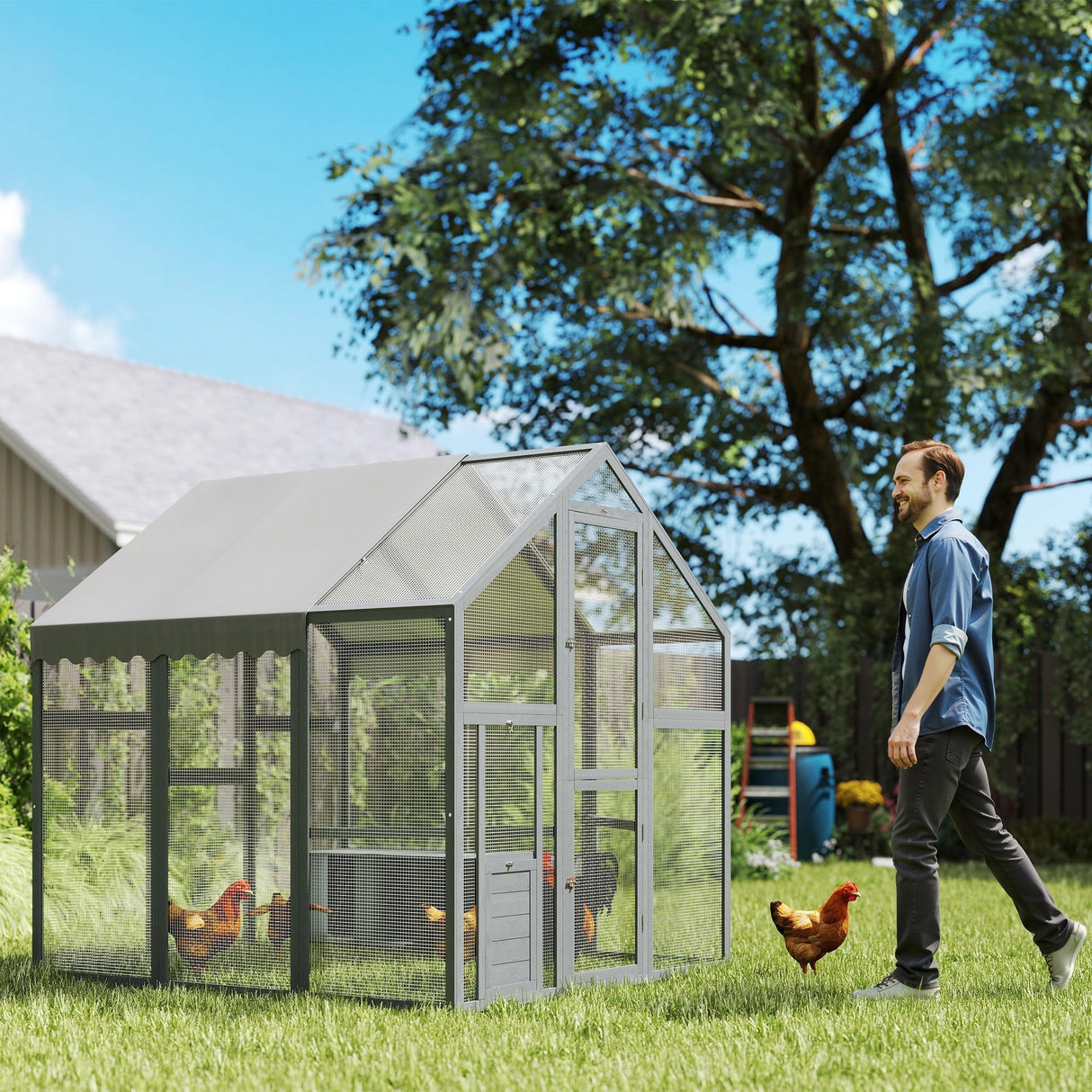 PawHut Large Chicken Run, Wooden Chicken Coop with Waterproof & Anti-UV Cover, Split Door, 2 Nesting Boxes, 2 Roosting Bars, Walk-in Chicken Pen for 6-8 Chickens, for Backyard, Farm, 5.5' x 6' x 6' PawHut