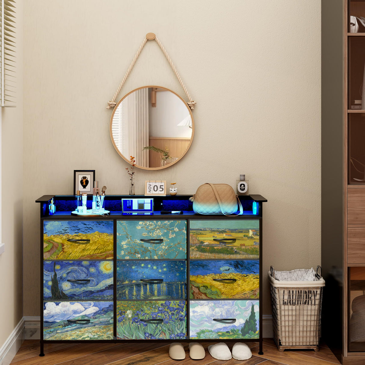 Welfuturer Dresser for Bedroom with 9 Drawers Van Gogh Dressers & Chest of Drawers Fabric Clothes Drawer Fabric Closet Organizer for Living Room Entryway Closet Nursery Sturdy Steel Frame Wood Top Welfuturer