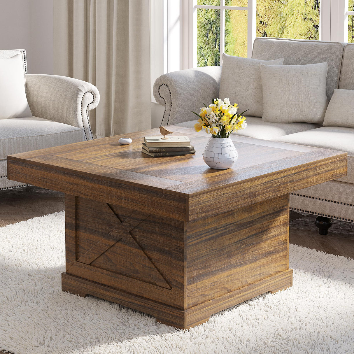 Lareth Coffee Table 31.5 in Rustic Center Table with X Design Wooden Pedestal for Living Room, Small Square Home Office Tea Accent Table for Dining Room Apartment, Walnut Lareth