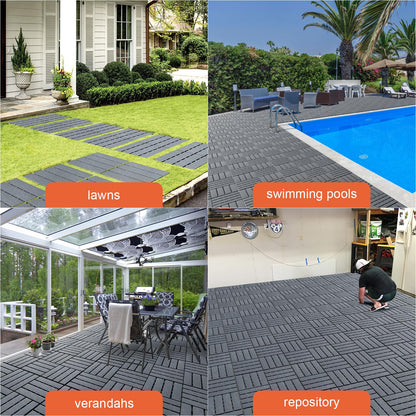 Toemics 6 Pack Interlocking Deck Tiles with 10 Transition Edge Kits 11.8"x11.8" Patio Floor Tiles Waterproof Outdoor Flooring Pallets Covering for Backyard, Shed, Basement, Dark Grey