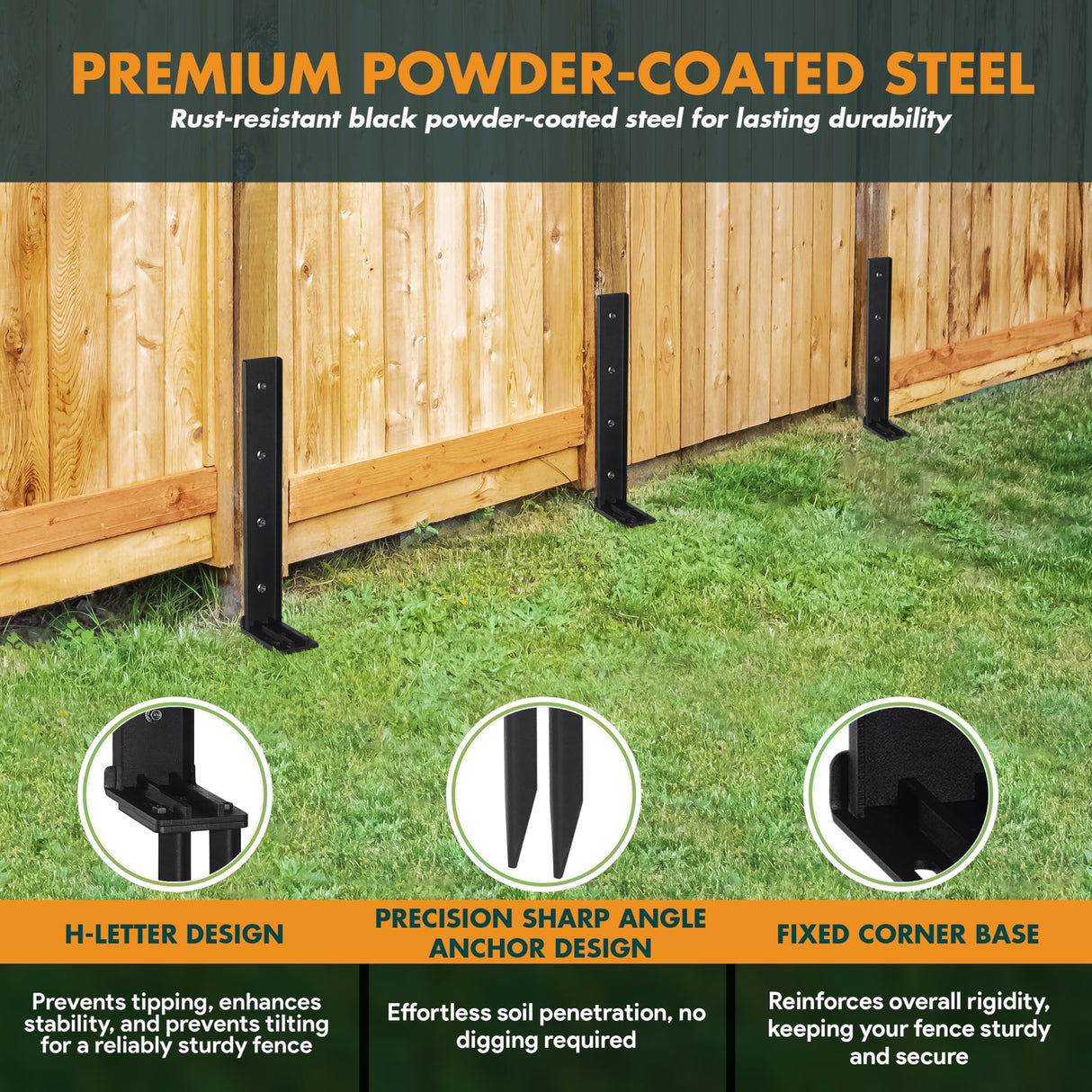 TANIVO 4 Pack Heavy Duty Steel Fence Post Anchor Repair Kit with Adjustable Width Connection and Reinforced Base for Repairing Tilted/Broken Wood Fence Post Support TANIVO