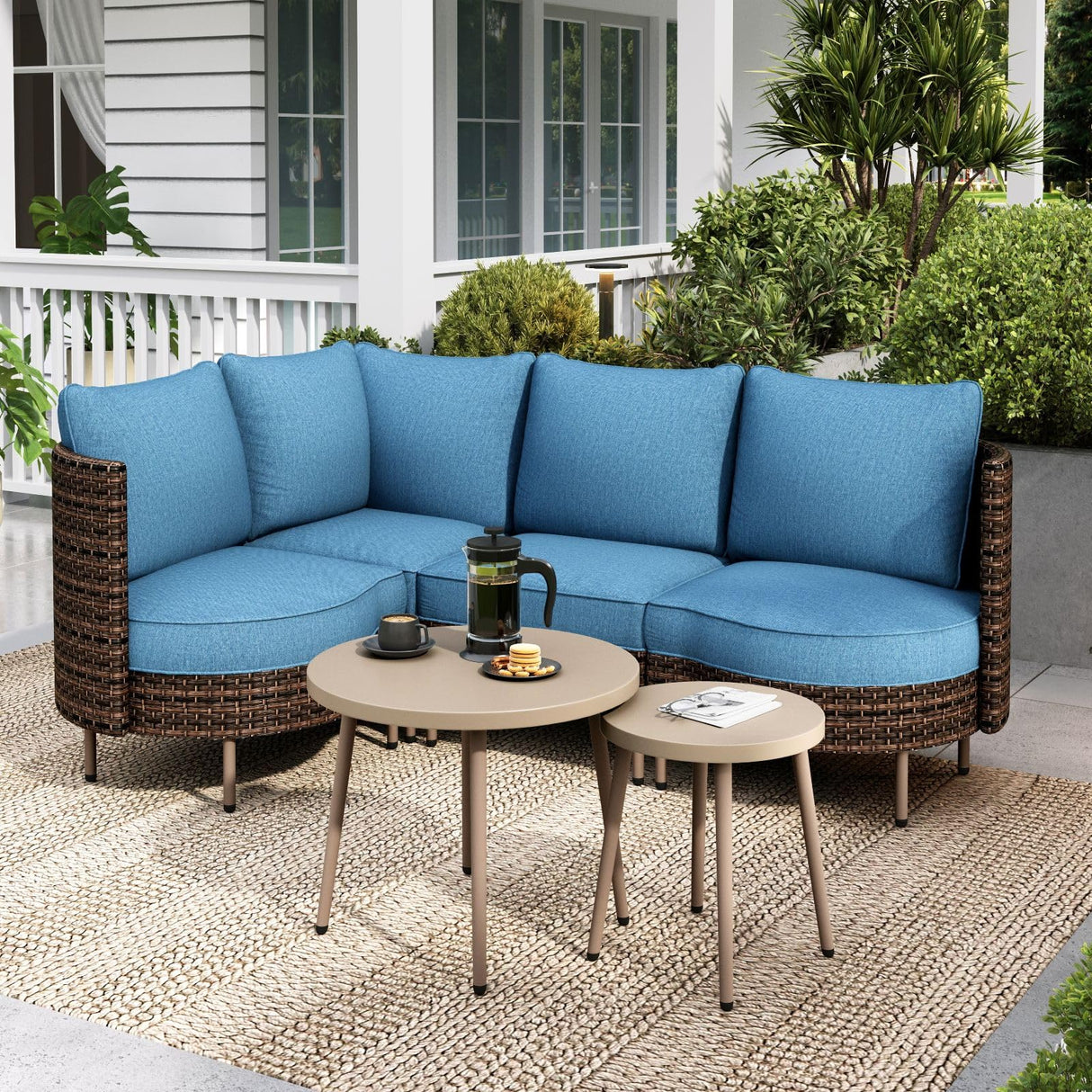 Sophia & William Wicker Patio Furniture Set, Curved Outdoor Sofa 4 Seats Conversation Set with Coffee Table, L-Shaped Outdoor Sectional for Backyard, Porch, Blue Sophia & William