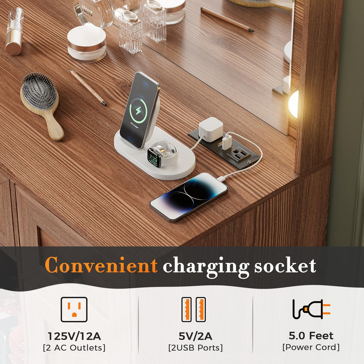 SPERTIKC Vanity Desk with Lights 3 Models Settings, Brown Vanity with Chair, Make up Vanity Desk with Mirror and Lights,Vanity with 5 Drawers for Bedroom, Dressing Room SPERTIKC