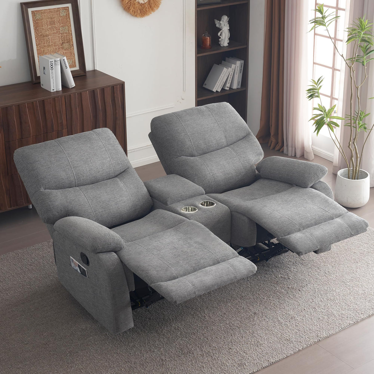 GUEAPY Manual Reclining Loveseat Sofa, Double Recline Love seat with Heat & Massage, Cup Holders & Storage Pocket, Comfortable Reclining Loveseat for Home Theater, Living Room, RV Recliner Grey GUEAPY