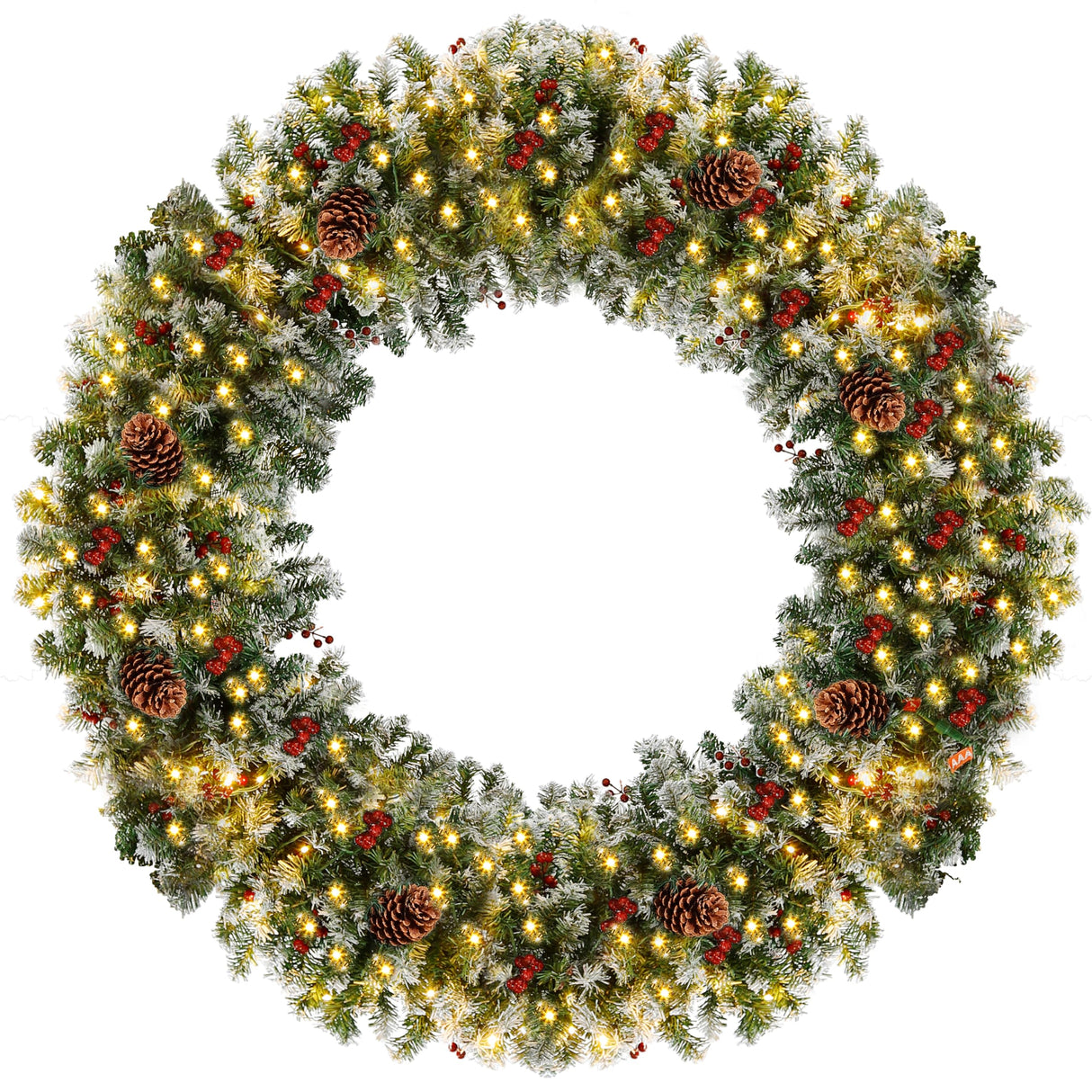 CACFTII 60in Pre-Lit Artificial Christmas Wreath, Snowflakes Christmas Wreaths with Warm White LED Lights, Pine Cones and Berries for Door, Mantel, Indoor Decorations, Xmas Holiday Decor, Green/White CACFTII