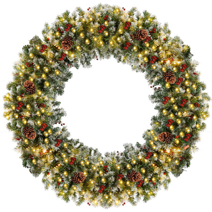 CACFTII 60in Pre-Lit Artificial Christmas Wreath, Snowflakes Christmas Wreaths with Warm White LED Lights, Pine Cones and Berries for Door, Mantel, Indoor Decorations, Xmas Holiday Decor, Green/White