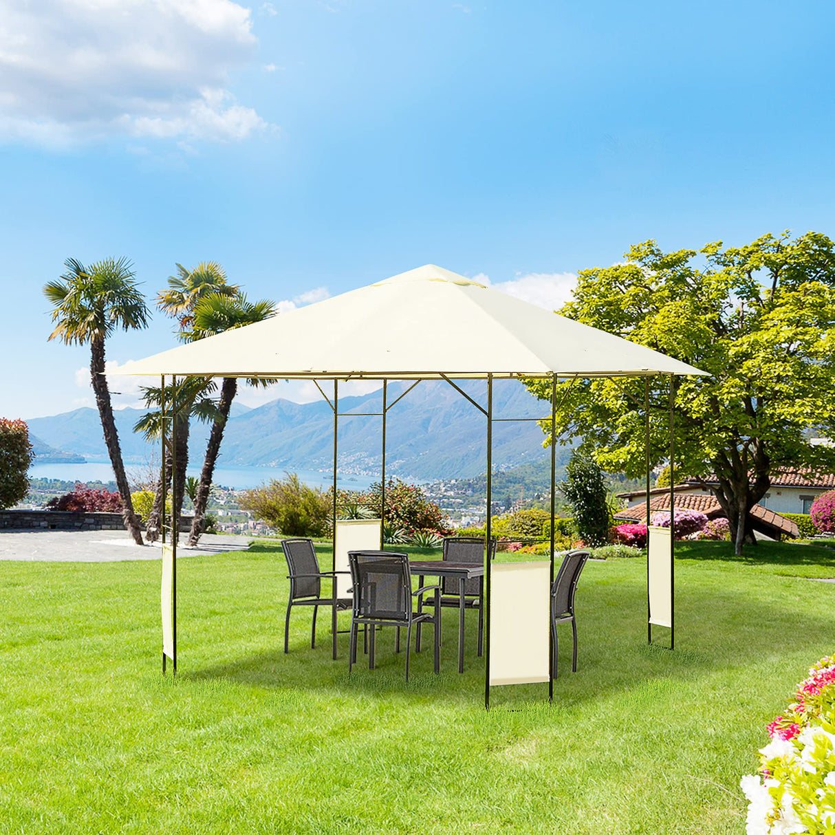 Outsunny 10' x 10' Patio Gazebo, Outdoor Gazebo Modern Canopy Shelter with Vents Roof and Steel Decorative Columns, for Garden, Lawn, Backyard and Deck Outsunny