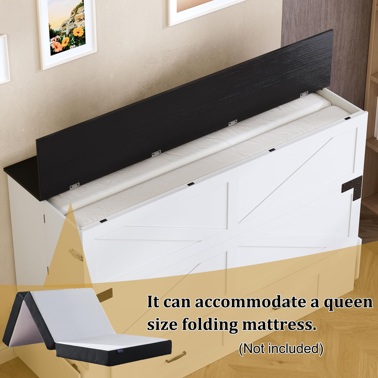 PAKASEPT Queen Murphy Bed - Murphy Cabinet Bed with Storage & Charging Station, Farmhouse Bed Frame with Foldable Panel and Hidden Space, for Living Room, Guest Bedroom PAKASEPT