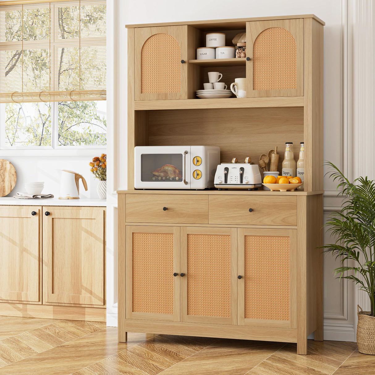 finetones 71" Tall Kitchen Pantry Cabinet, Kitchen Cabinet Hutch Cabinet with Rattan Doors and Microwave Stand, Rattan Kitchen Hutch Food Pantry Cabinet with Drawers & Shelves for Kitchen, Walnut finetones