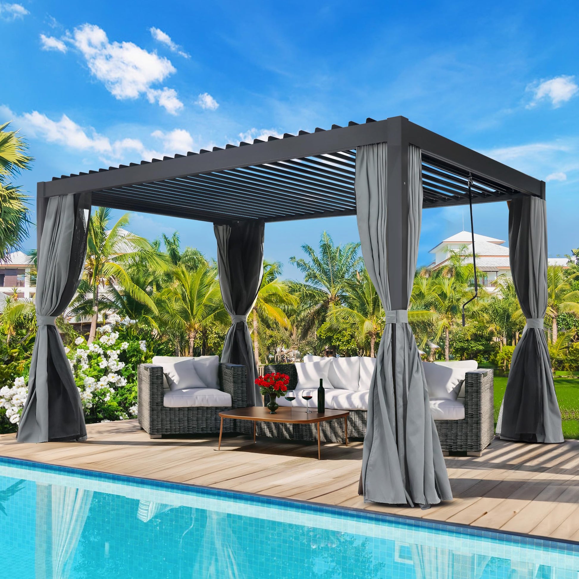 jamege 10' × 13' Louvered Pergola with Adjustable Roof, Outdoor Aluminum Pergola with Curtain and Netting, Hardtop Patio Pergola for Garden Porch Yard Deck - WoodArtSupply