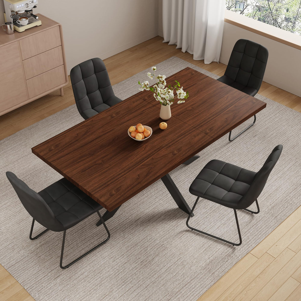 ZckyCine 7-Piece Dining Table Set with 51"-67" Extendable Walnut Wood Table and 6 PU Leather Chairs, Modern Rectangular Kitchen Table Set with Metal Legs, Seats 6, Easy Assembly ZckyCine