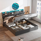 King Size Lift Up Storage Bed Frame, Height Adjustable Storage Headboard with Charging Station, LED Lights Upholstered Platform Bed, Wooden Slat, No Box Spring Needed, Noise-Free, Dark Grey Fameill