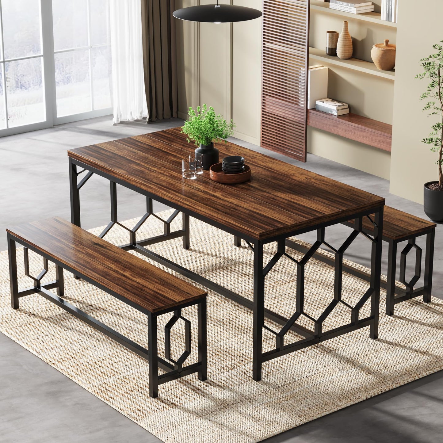 Tribesigns 55-Inch Rustic Brown & Black Dining Table Set with 2 Benches for 4 to 6 People