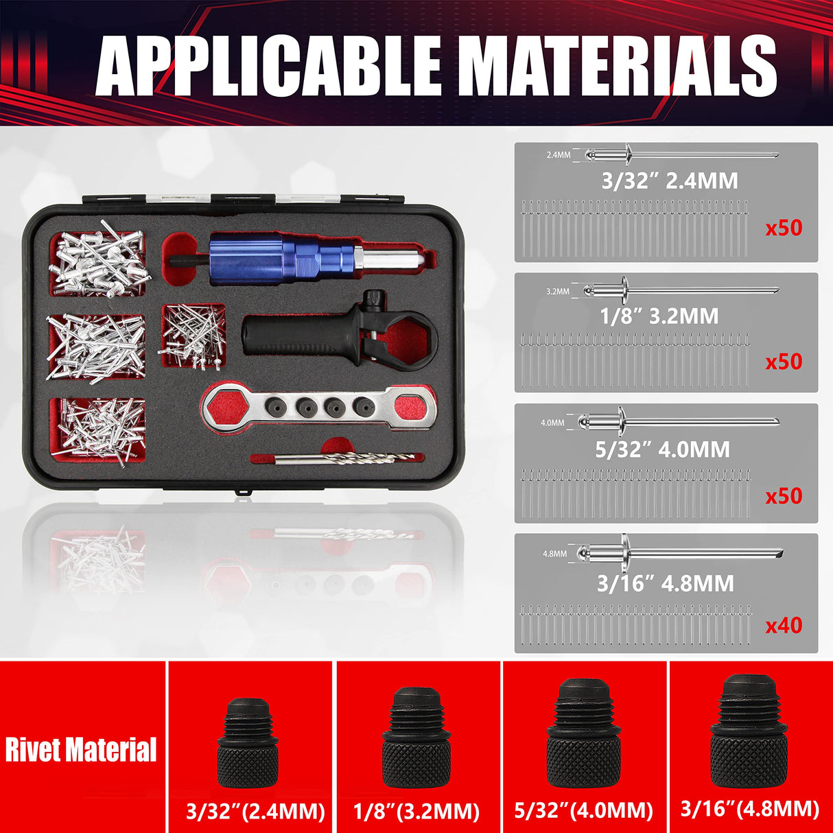 wesleydrill Rivet Gun Adapter Kit,Professional Riveting Insert Nut Hand Tool Kit,2.4/3.2/4.0/4.8mm Diameter Rivet Head, Aluminum Housing, Fit for Cordless Drill,Sheet Metal Work wesleydrill