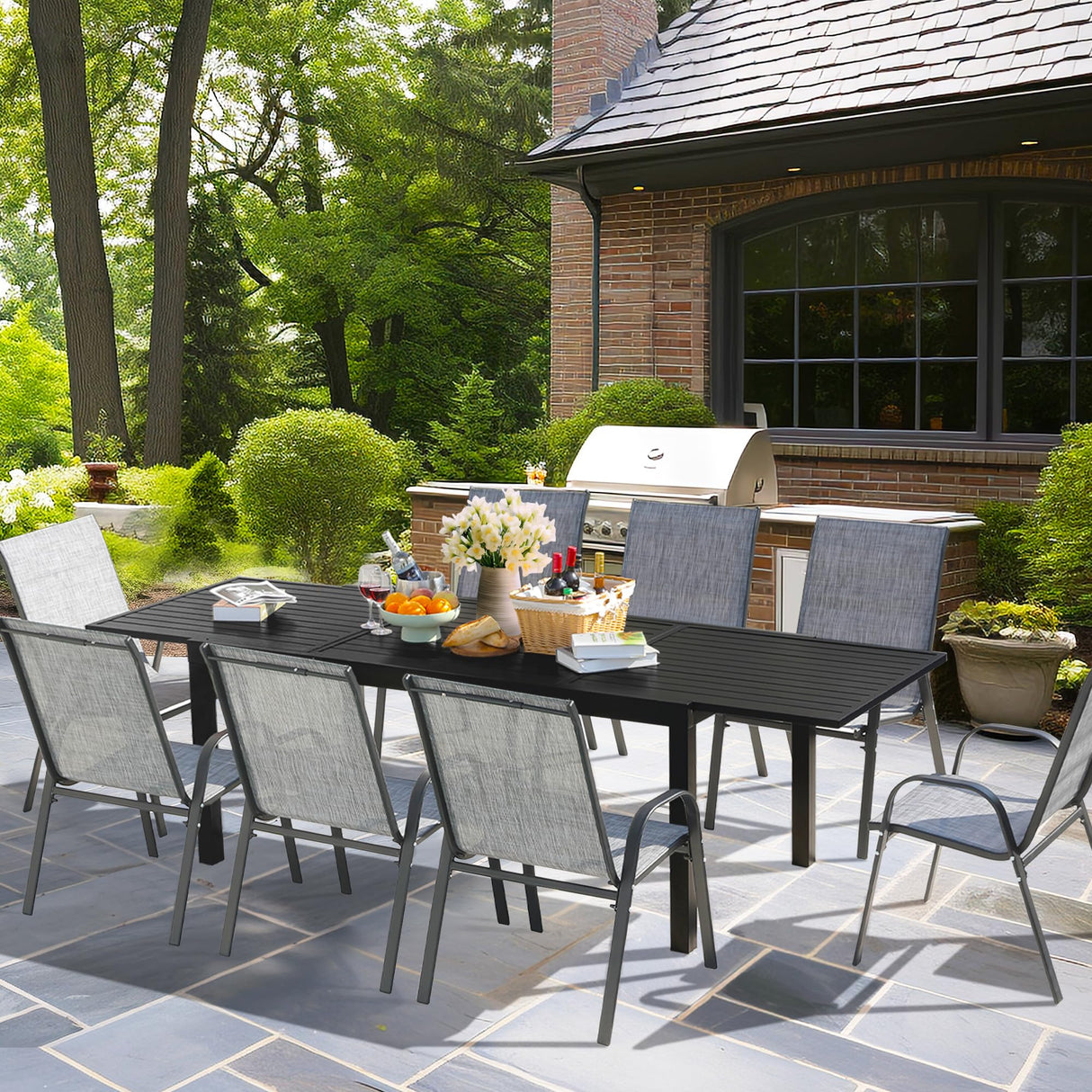 PIZZELLO 9 Pieces Outdoor Dining Set, 106" Aluminum Extendable Patio Dining Table w/ 8Pcs Stackable Textilene Chairs, All Weather Outdoor Table and Chairs Sets for Backyard, Garden, Deck and Poolside PIZZELLO