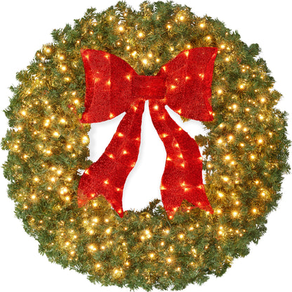 Best Choice Products 36in Large Artificial Pre-Lit Fir Christmas Wreath Holiday Accent Decoration for Door, Mantel w/Red Lighted Bow, 150 LED Lights, 300 PVC Tips, Power Plug-in