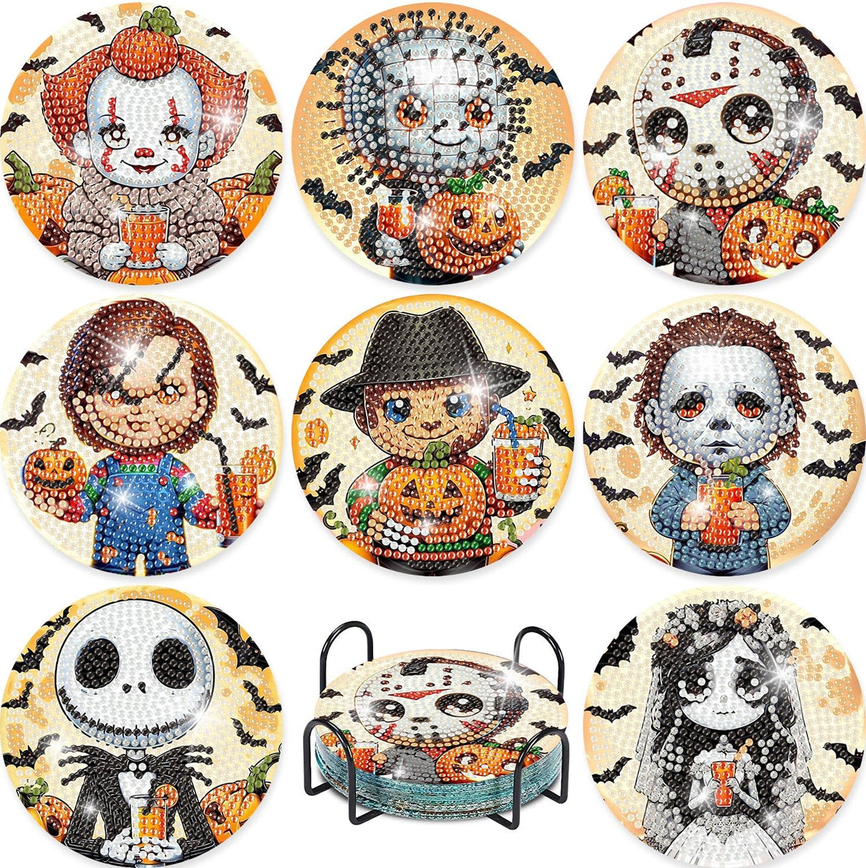 8 Pcs Halloween Diamond Painting Coasters Kits with Holder,DIY Horror Cute Diamond Art Coasters for Adults Beginnners,5D Full Round Drill Gem Painting Craft Art Kits for Supplies Gift 4X4 Inch. MBNTJHT