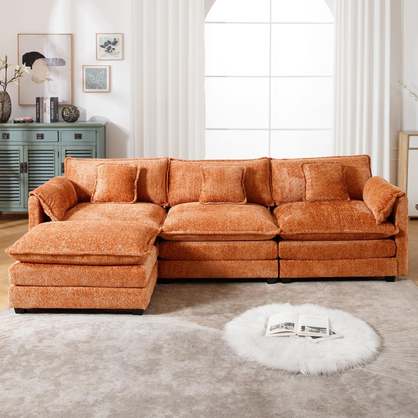 GNIXUU 112" Oversized Sectional Sofa Cloud Couch for Living Room, Modern Chenille L Shaped Couch, Comfy Boucle Modular Sofa Sleeper with Moveable Ottoman & Memory Foam(Orange)