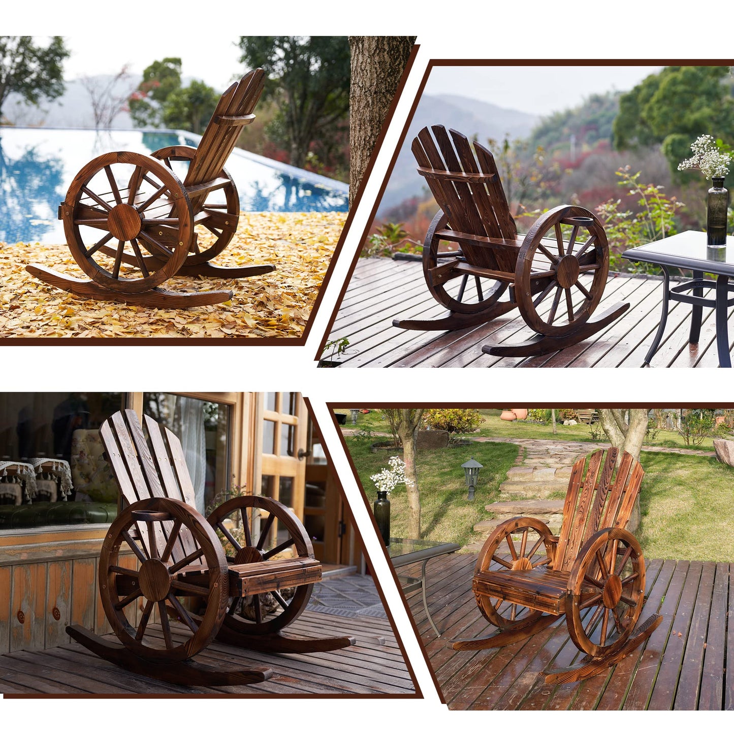 AHB Outdoor Wood Rocking Chair, Wagon Wheel Decor Armrest Yard Glider Rocking Patio Chair with Slatted Design, Adirondack Rocking Chair for Porch Lawn Garden Balcony Poolside, Brown (2 PCS)