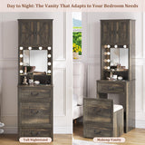 FREDEES Vanity Desk with Mirror and Lights, Compact Makeup Table w/Storage Drawers & Shelves, Farmhouse Vanity Table with Hidden Chair for Bedroom, Gift for Girls Lady, Rustic Brown FREDEES