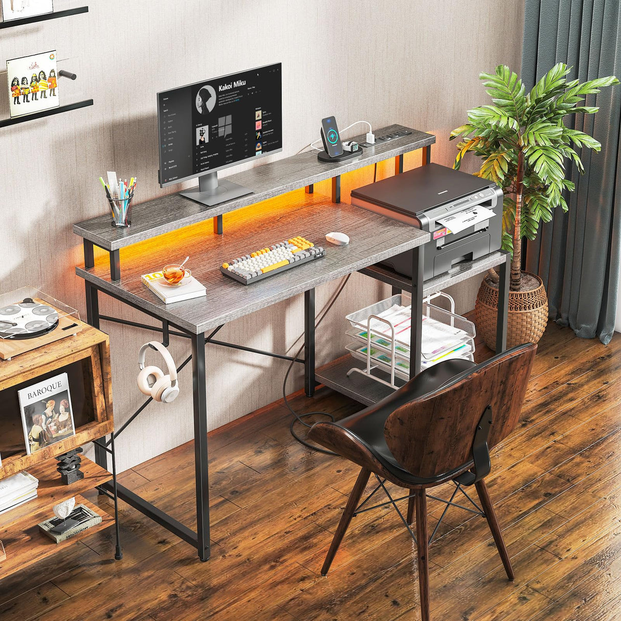 AODK Computer Desk, 48 Inch Gaming Desk with Led Lights & Power Outlet, Office Desk with Printer Storage Shelves, Reversible Desk with Monitor Shelf & Headphone Hook, Grey Oak AODK