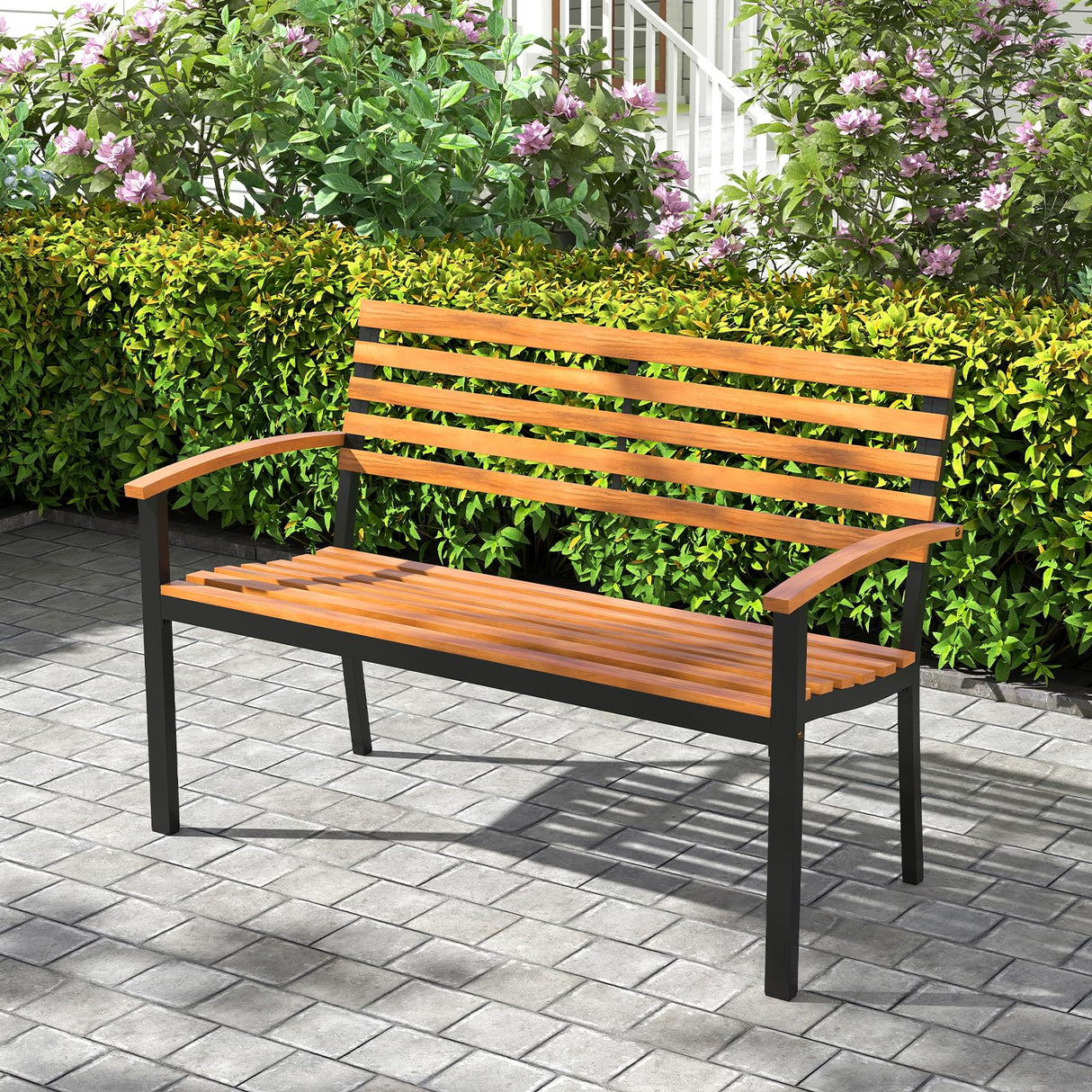 Tangkula 43" Outdoor Garden Bench, 2-Person Acacia Wood Bench with Heavy-Duty Metal Frame, Slatted Seat & Curved Armrests, 800 lbs Weight Capacity, Patio Bench for Porch, Yard, Balcony, Lawn Tangkula