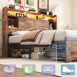 TIGUBFRE Full Bed Frame with 4 Drawers Bookshelf Headboard, Farmhouse Bed Frame with Charging Station & LED Lights, Metal Slats Support, Noise Free, No Box Spring Needed Rustic Brown TIGUBFRE