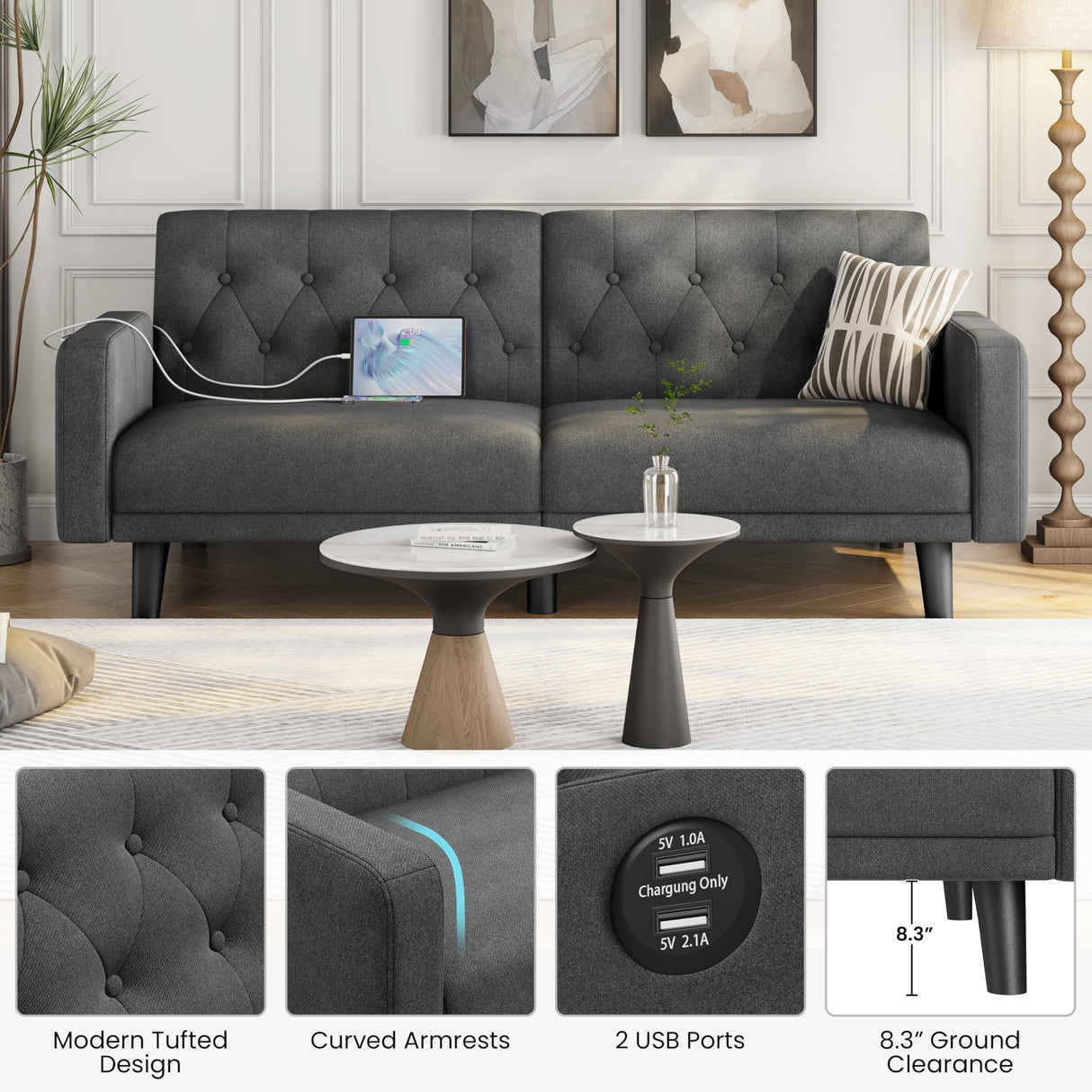 Yaheetech 63" Convertible Couch Small Futon Sofa Bed with 2 USB Ports, Reclining Backrest & Removable Armrests, Mid Century Modern Loveseat for Living Room, Apartment, Office, Dark Gray Yaheetech