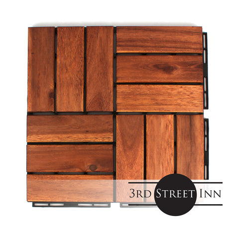Deck Tiles - Patio Pavers - Acacia Wood Outdoor Flooring - Interlocking Patio Tiles - 12"x12" (10 Pack) - Oiled Acacia Finish - Checker Pattern Decking 3rd Street Inn