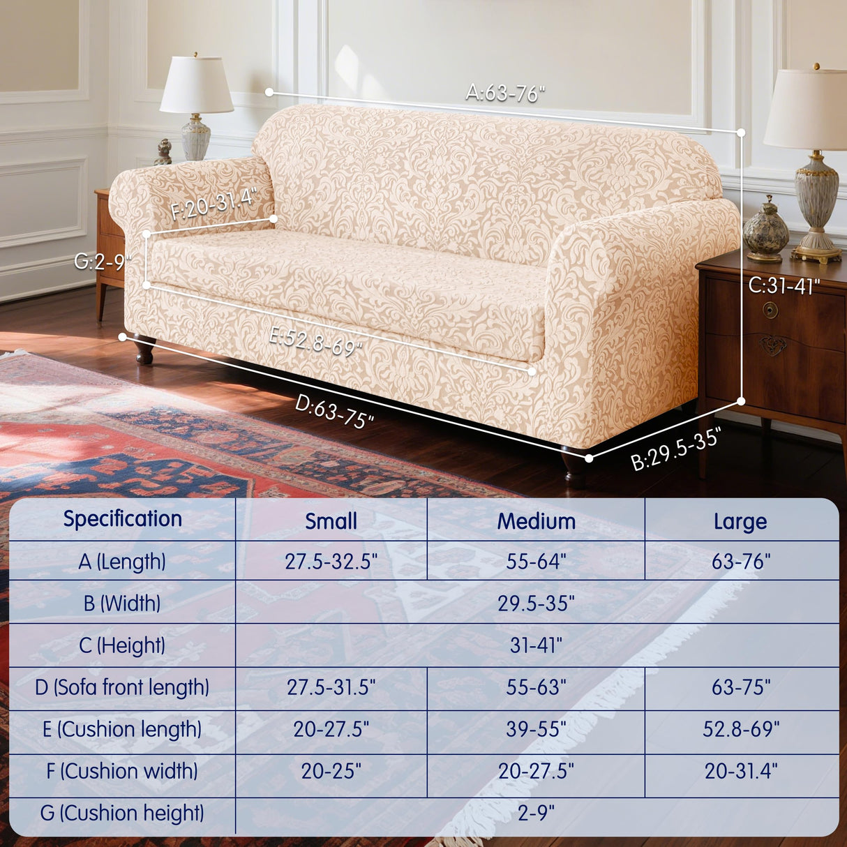 SUBRTEX 2 Piece Couch Covers, Jacquard Damask 3 Seater Sofa Cover with Seat Cushion, Stretch Sofa Slipcovers Non Slip Furniture Protector for Dogs Pets (Large, Khaki) SUBRTEX