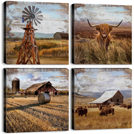 Highland Cow Wall Art Rustic Farmhouse Kitchen Wall Decor Vintage Pictures Windmill Barn Landscape Canvas Prints Country Scenery Posters Modern Artwork for Living Room Home Decorations 12x12 4Pcs Generic