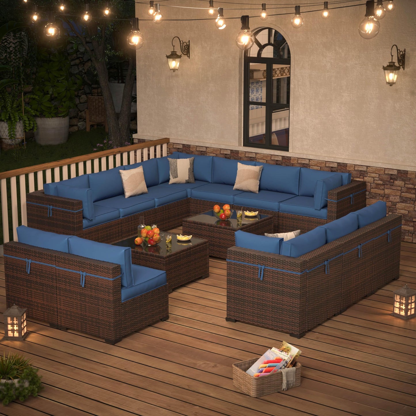 Amopatio Outdoor Patio Furniture Set, 14 Pieces PE Wicker Pit Sectional Sofa with Blue Cushions, Coffee Tables, All-Weather Covers, Patio Conversation Sets Fits Patio Deck Balcony Yard