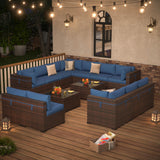 Amopatio Outdoor Patio Furniture Set, 14 Pieces PE Wicker Pit Sectional Sofa with Blue Cushions, Coffee Tables, All-Weather Covers, Patio Conversation Sets Fits Patio Deck Balcony Yard Amopatio