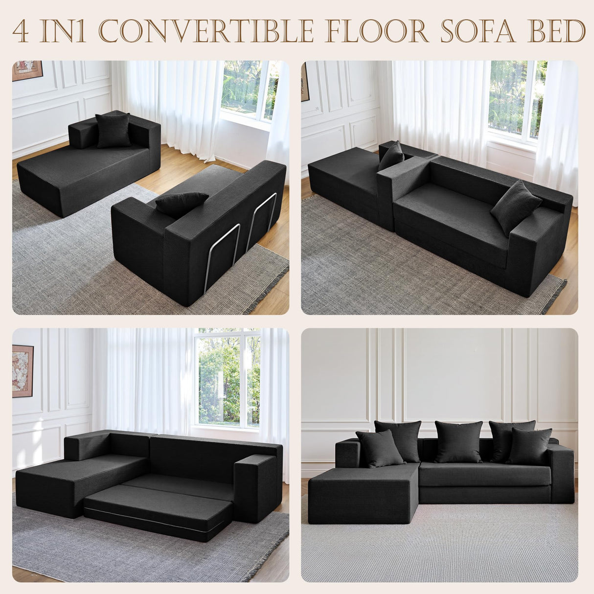 YINIX 106" Sectional Sofa for Living Room, Cloud Couch with 59" Deep Seat, Modern Modular L-Shape Sofa Bed with Chaise, Upholstered Boneless Couches for Bedroom, No Assembly (Black) YINIX