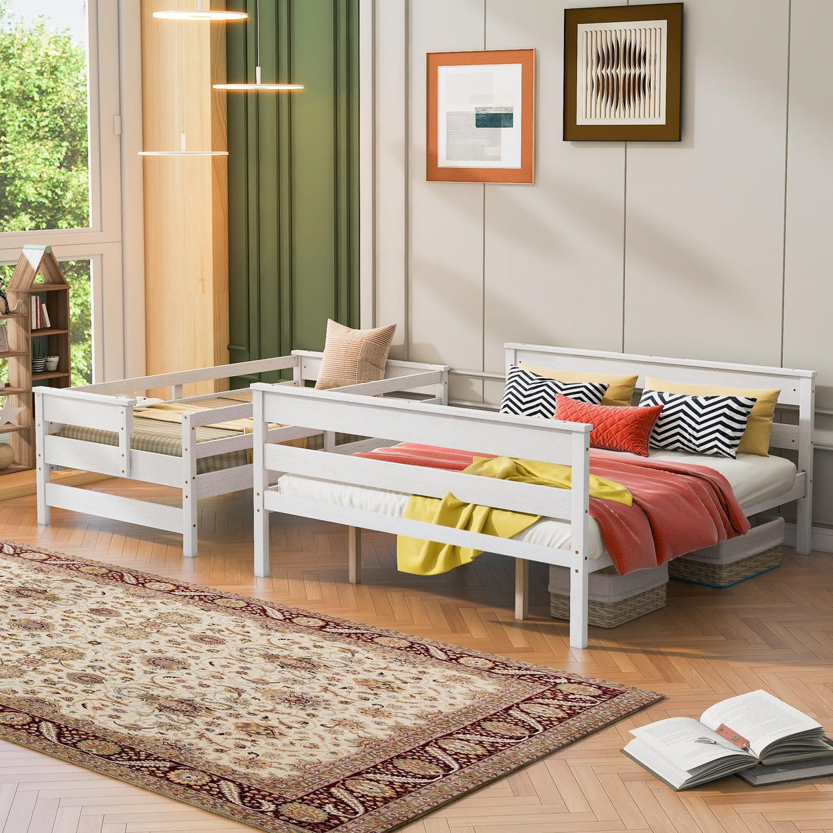 Linique Detachable Twin XL over Queen Bunk Bed Frame with Ladder - White Linique