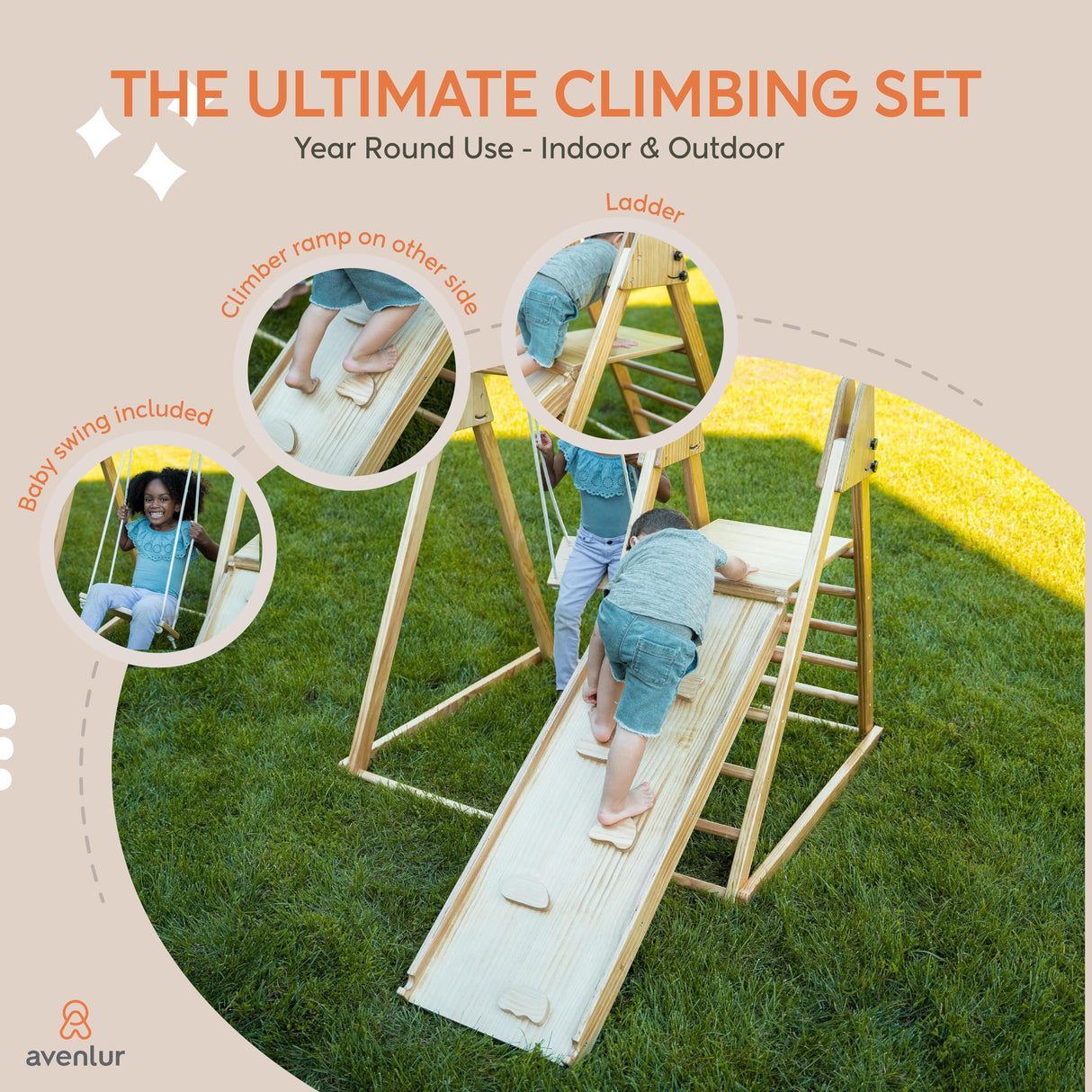 Avenlur 4-in-1 Juniper Outdoor Play Gym - Jungle Gym Playset with Baby Swing, Slide, Ladder, and Climbing Wall - Foldable Wooden Playset - Outdoor Jungle Gym for Kids Ages 18mo to 6yrs Avenlur