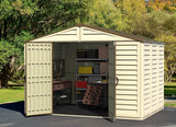 Duramax Woodbridge Plus 10.5 x 8 (8.02 m2) Plastic Garden Shed with 1 Fixed Window & Metal Foundation Kit, Strong Metal Roof Structure Fire Retardant and Maintenance-Free Storage Shed - Ivory/Brown DURAMAX