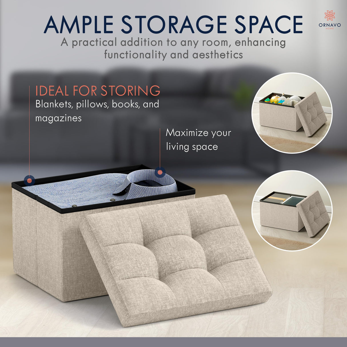 Ornavo Home Small Storage Ottoman Foldable Collapsible Rectangle Linen Ottoman Foot Rest Stool Seat, for Living Room, Bedroom, Home Office, Dorm - 12 x 16 x 12, Beige Ornavo Home