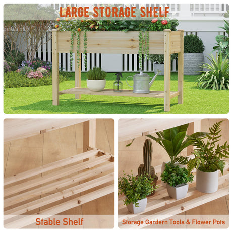 GHWIE Raised Garden Bed with Shelf,Elevated Wooden Planter Box with Legs,Garden Planter for Backyard, Patio, Balcony,200lb Capacity - Natural GHWIE