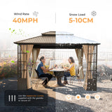 HAPPATIO 10' x 12' Hardtop Gazebo, Outdoor Gazebo with Netting and Curtains, Double Roof Permanent Patio Metal Gazebo Canopy with Storage Shelf for Patio, Deck, Backyard (Brown) HAPPATIO