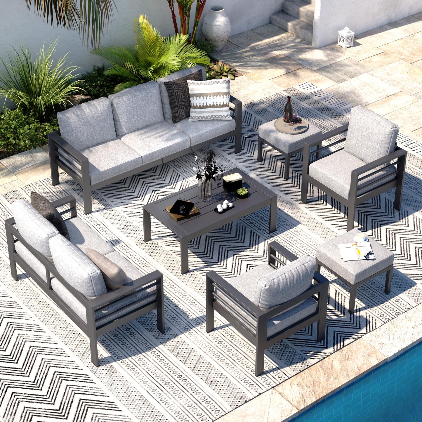 AECOJOY Aluminum Patio Furniture Set, Modern Outdoor Patio Furniture with Coffee Table, 7 Pieces Outdoor Conversation Set with Grey Cushions for Balcony, Porch, Lawn - WoodArtSupply