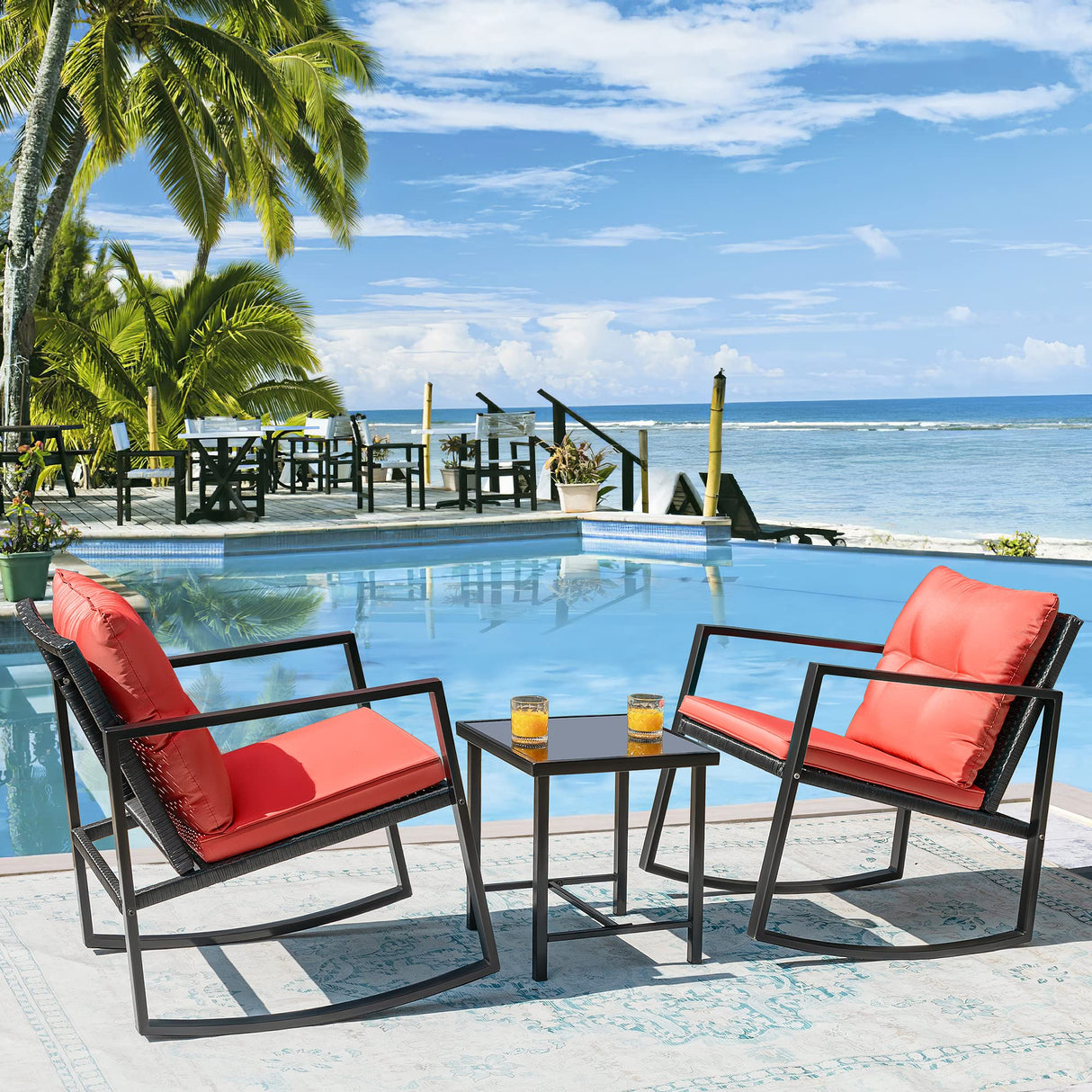 Flamaker 3 Pieces Patio Furniture Set Rocking Wicker Bistro Sets Modern Outdoor Rocking Chair Furniture Sets Clearance Cushioned PE Rattan Chairs Conversation Sets with Coffee Table (Red) Flamaker