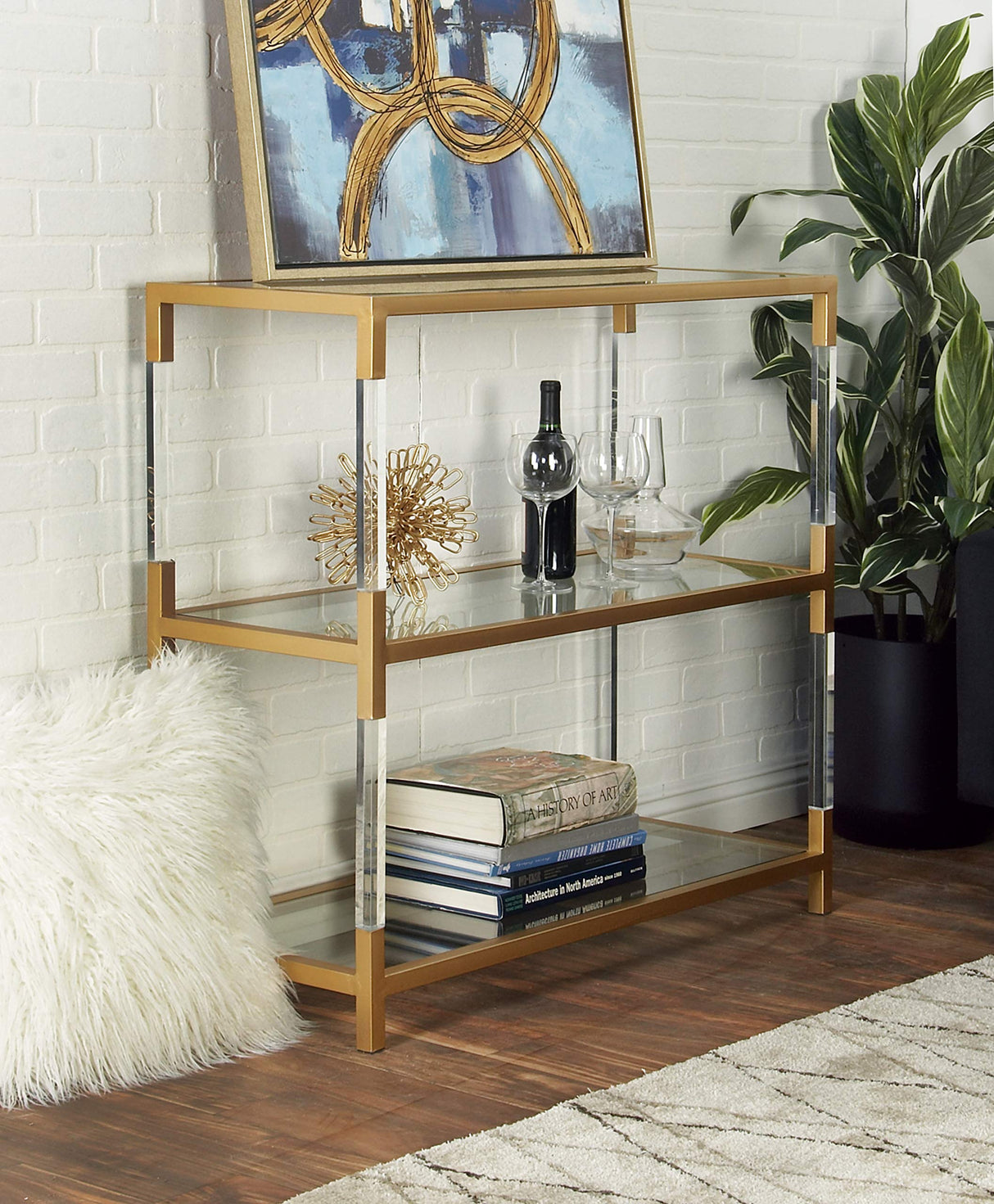 Deco 79 Metal Console Table 2 Shelf with Clear Glass Top and Acrylic Legs, 38" x 15" x 36", Gold Deco 79