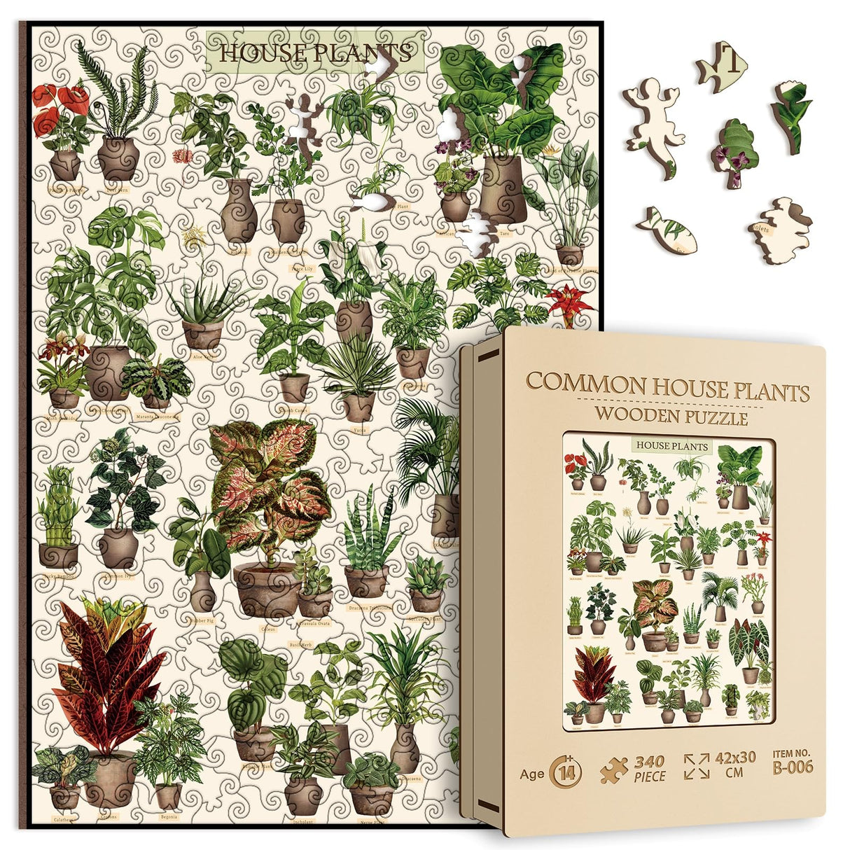 Vintage Houseplant Wooden Puzzle 340 Pieces for Adult, Botany Succulent House Plant Wood Puzzle, 39 Common Indoor Plants Jigsaw Puzzles, 15.7 * 11.2 in BBOLDIN